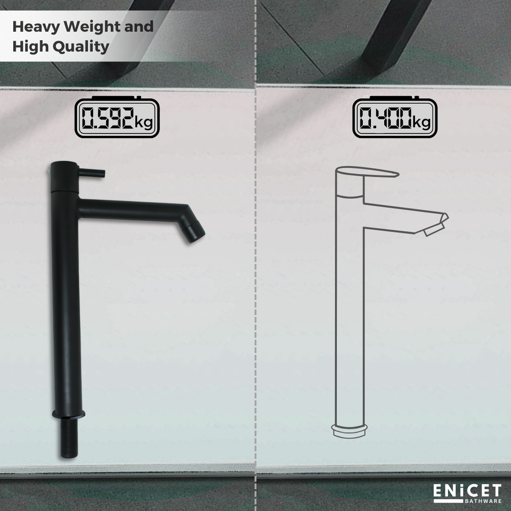 Black High Neck Pillar Tap - ENICET 12-Inch Matte Black Basin Faucet - Enicet Bathware