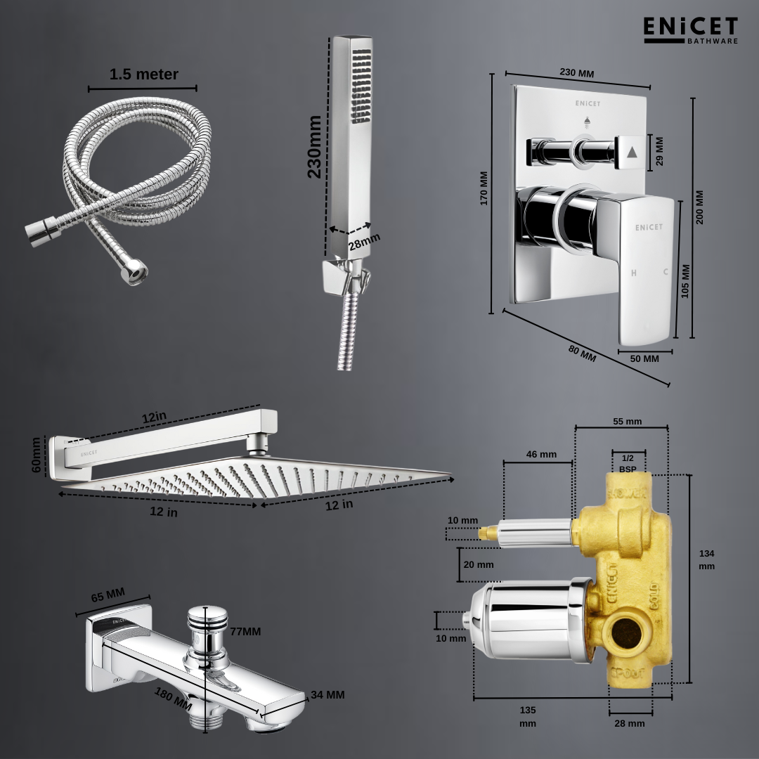 Enicet Single Lever Diverter With Spout, Overhead Shower & Hand Shower, High Flow, rust-resistant, Chrome Plated, 3 Flow Function Hand Shower, Bathroom Shower Set, Bathroom Mixer