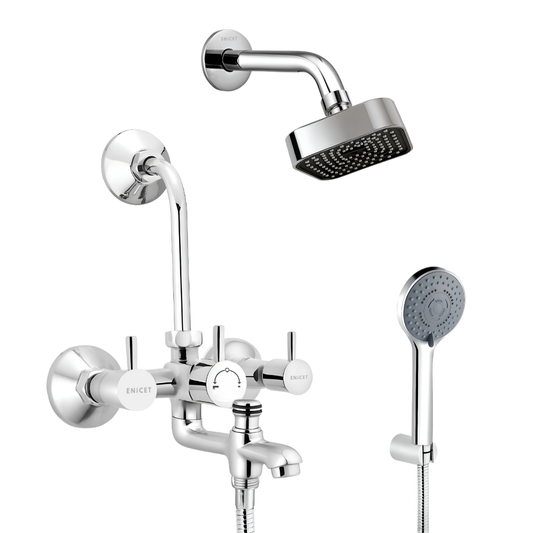 ENICET Brass 3 in 1 Wall Mixer with Overhead Shower and HandShower, Chrome Finish, 5 Function Hand Shower, Wall Mixer For Bathroom 3 in 1, Bathroom Shower Set, Mixer Tap for bathroom