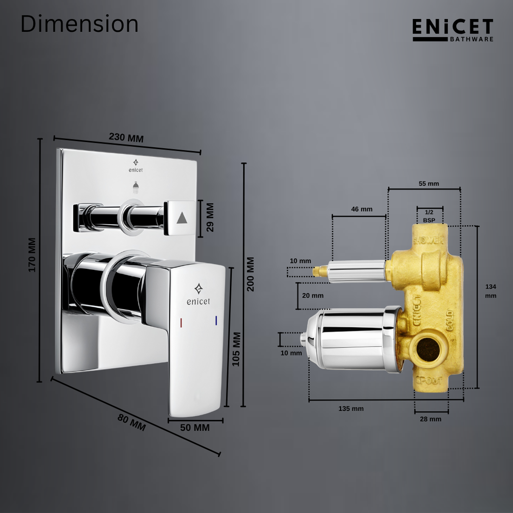 Enicet High Flow Single Lever Diverter, rust-resistant, With Upper Parts Set, Chrome Finish, Leak Proof, Bathroom Shower System, Concealed Body And Exposed Parts, Bathroom Mixer Tap - Enicet Bathware