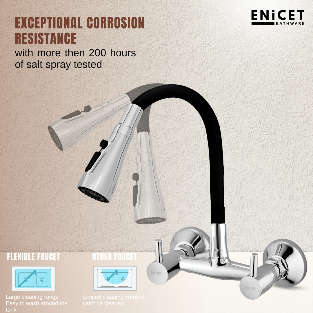 ENICET Sink Mixer Tap for Kitchen, 3 Flow Modes, 360 Rotating Flexible Spout, Brass Build, Kitchen Mixer tap, Wall Mounted, Chrome Finish, Sink Cocke Tap