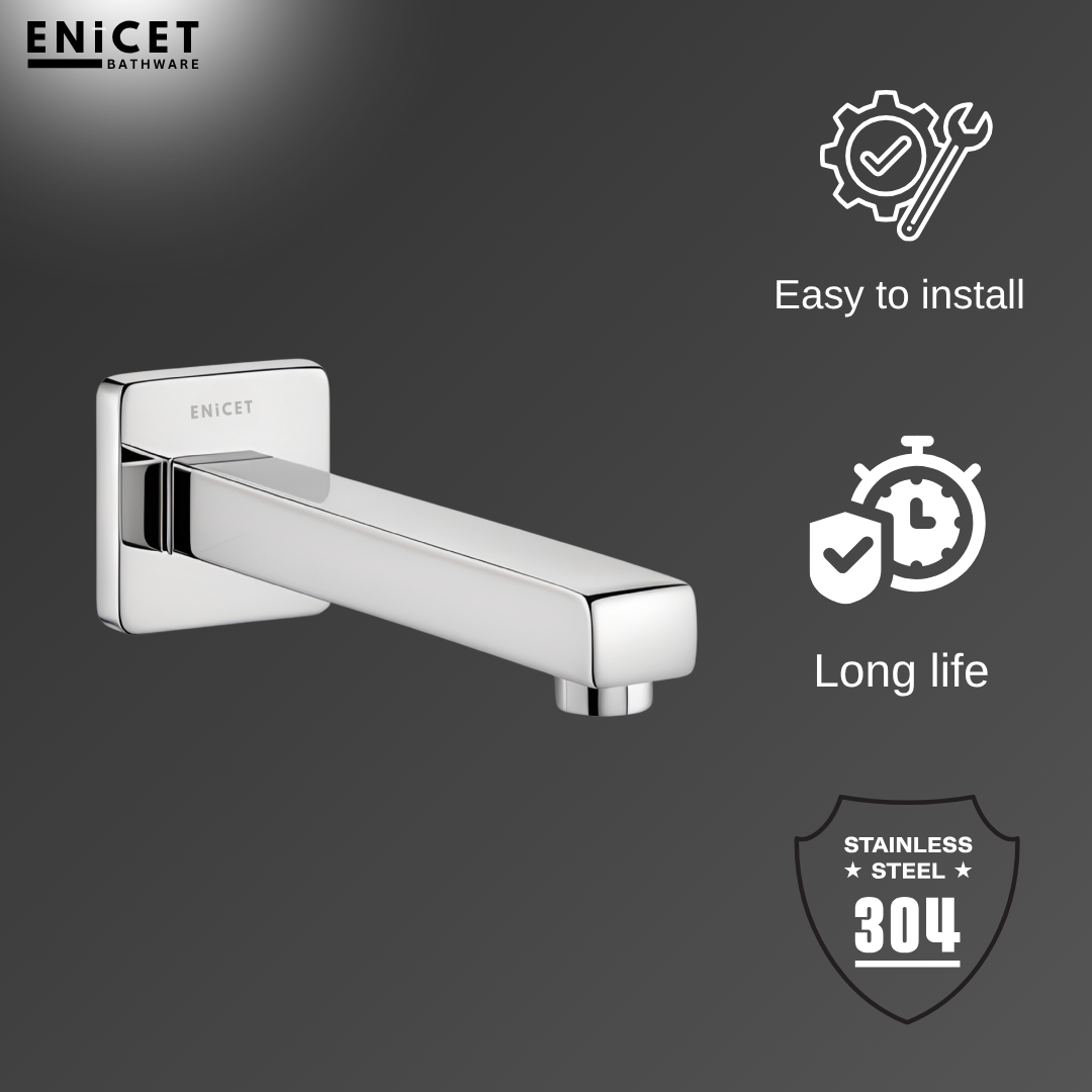 ENICET Stainless Steel Spout with Wall Flange, Bath Tub Spout for Bathroom, Diverter Tap for Bathroom, Chrome Finish, Silver, Foam Flow, SS-304