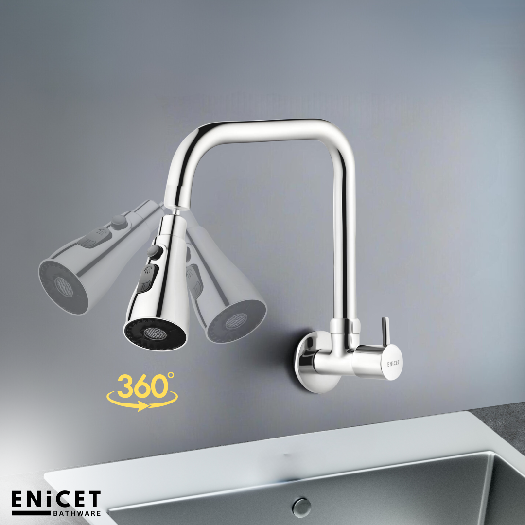 ENICET Kitchen Sink Tap With Triple Flow Function, 360 Rotating Swivel Spout, Brass Build, Chrome Finish, With Wall Flange, Sink Tap for Kitchen