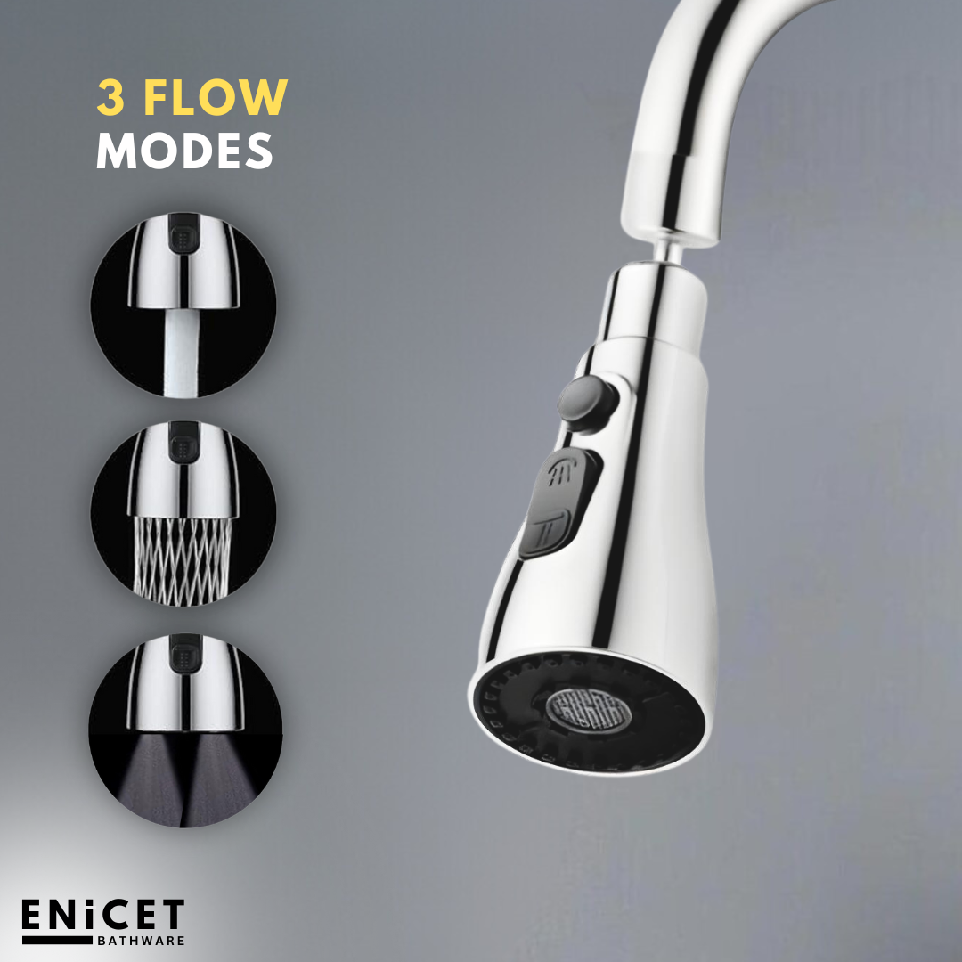 ENICET Kitchen Sink Tap With Triple Flow Function, 360 Rotating Swivel Spout, Brass Build, Chrome Finish, With Wall Flange, Sink Tap for Kitchen