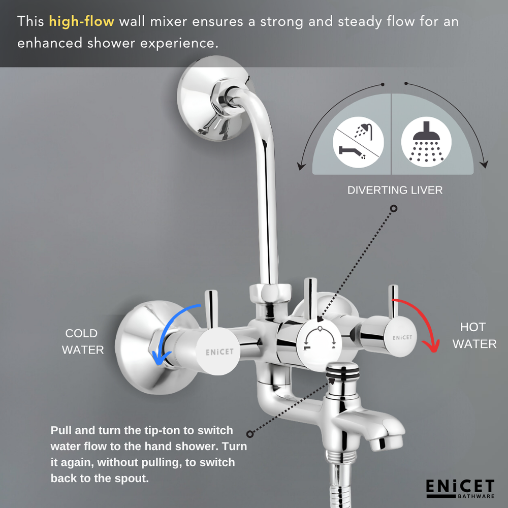 3 in 1 Wall Mixer - ENICET Brass Shower Set with Hand Shower - Enicet Bathware