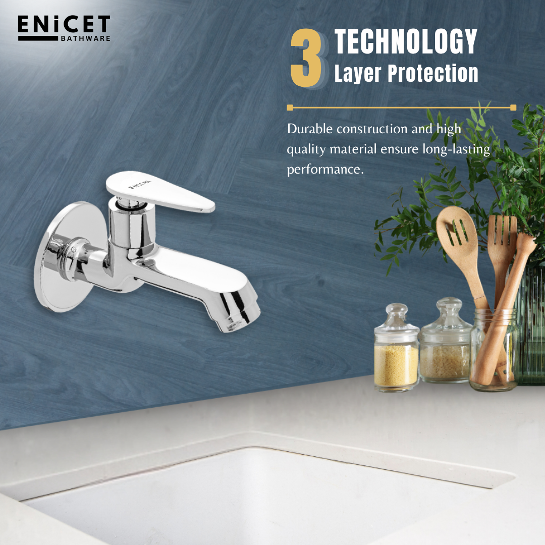 Enicet rust-resistant Bib Cock Short Body, Bathroom Tap, with Wall Flange, Chrome Finish, Smooth Operating Handle, Long Lasting Warranty, Durable Water Tap for Bathroom, Brim Collection