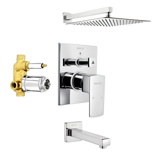 Enicet High Flow Single Lever Diverter Set, With Spout & Shower, Rain Flow Overhead Shower,rust-resistant, Chrome Plated, Bathroom Shower System, Bathroom Mixer Tap, Full Set