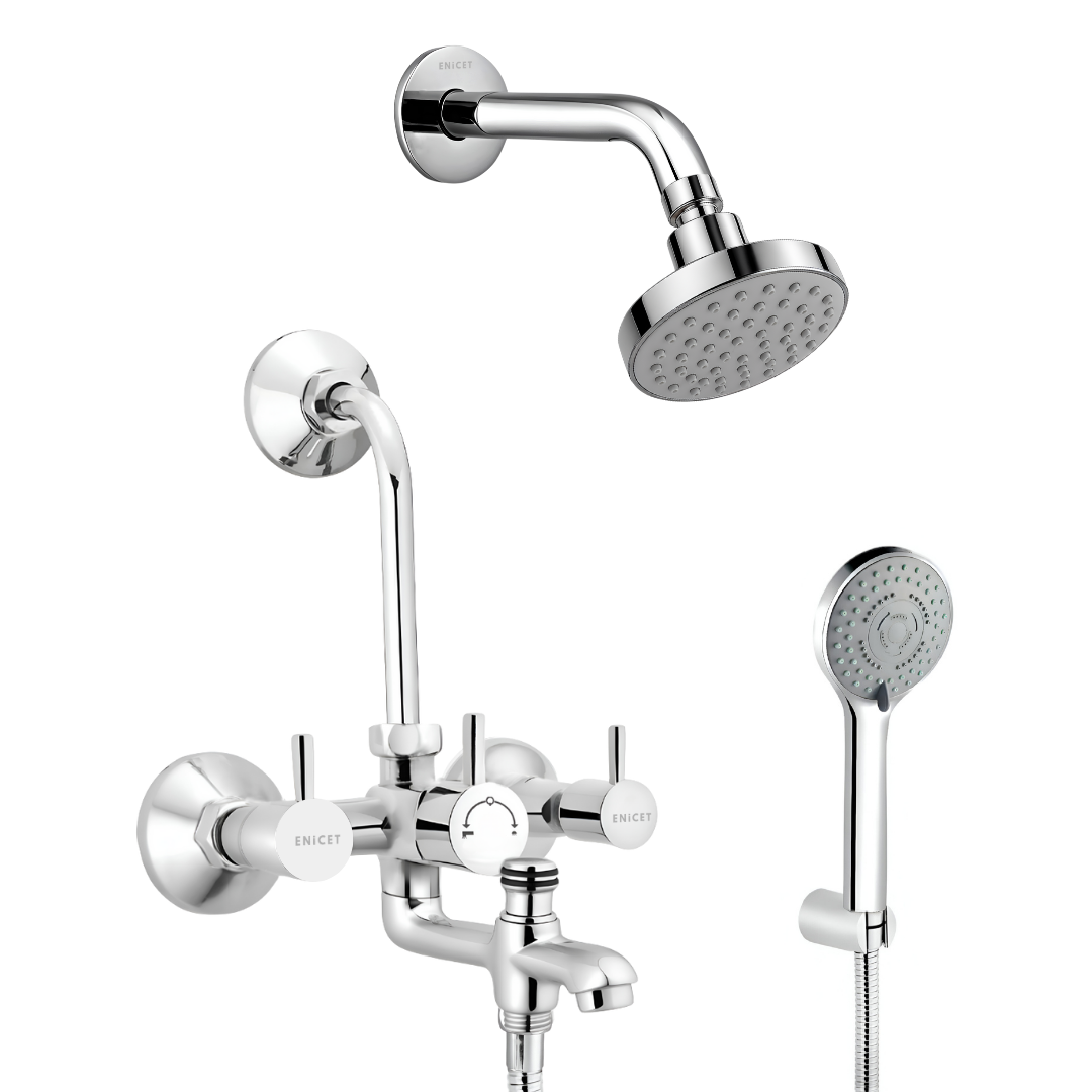 Enicet Brass 3 in 1 Wall Mixer with Overhead Shower and Hand Shower, Chrome Finish, 5 Function Hand Shower, Wall Mixer For Bathroom 3 in 1, Bathroom Shower Set, Mixer Tap for bathroom