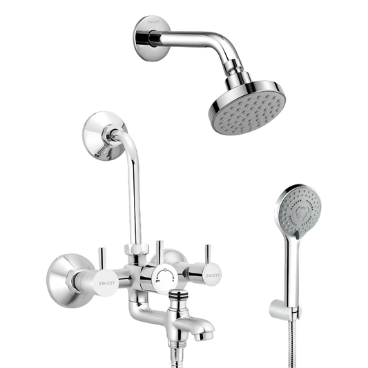 Enicet Brass 3 in 1 Wall Mixer with Overhead Shower and Hand Shower, Chrome Finish, 5 Function Hand Shower, Wall Mixer For Bathroom 3 in 1, Bathroom Shower Set, Mixer Tap for bathroom