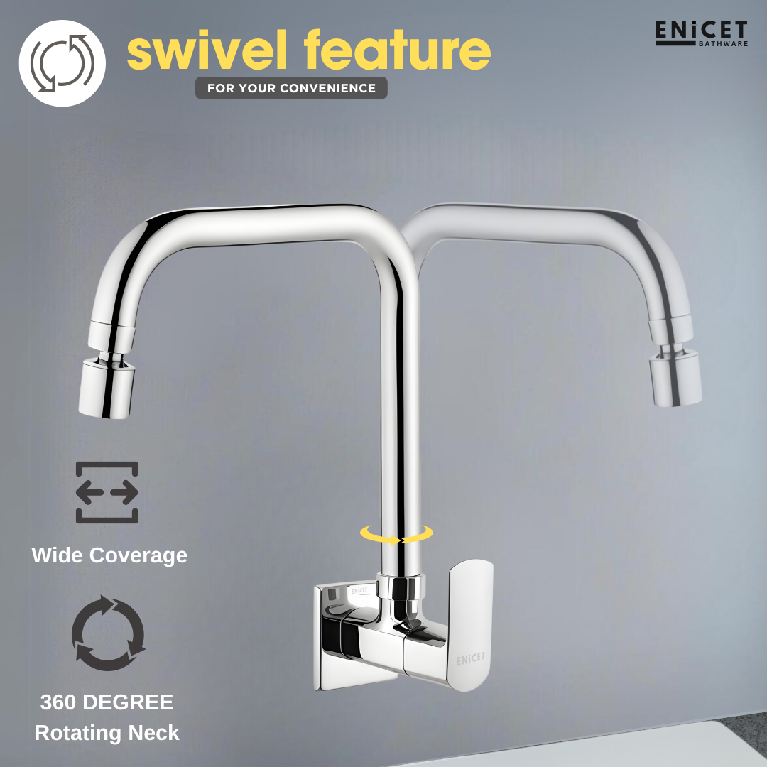 ENICET Sink Cock with Dual Flow Function, Chrome Finish, Silver, with Wall Flange, 360° Swivel Spout, Adjustable Angle Head, Kitchen Sink Tap, Tap for Kitchen Sink, 2 Flow