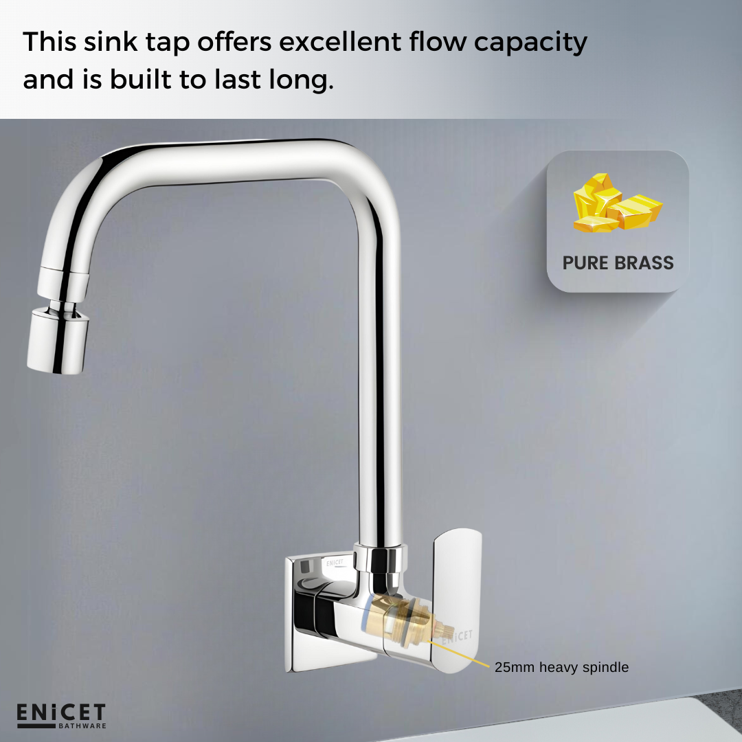 ENICET Sink Cock with Dual Flow Function, Chrome Finish, Silver, with Wall Flange, 360° Swivel Spout, Adjustable Angle Head, Kitchen Sink Tap, Tap for Kitchen Sink, 2 Flow