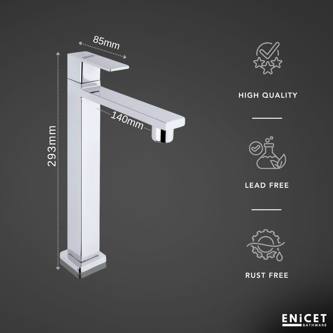 ENICET High Neck Pillar Cock, Chrome Finish, 12 inch Tall Extended Body, Foam Flow, Wash Basin Pillar Tap, Sink Tap for Kitchen and Bathroom