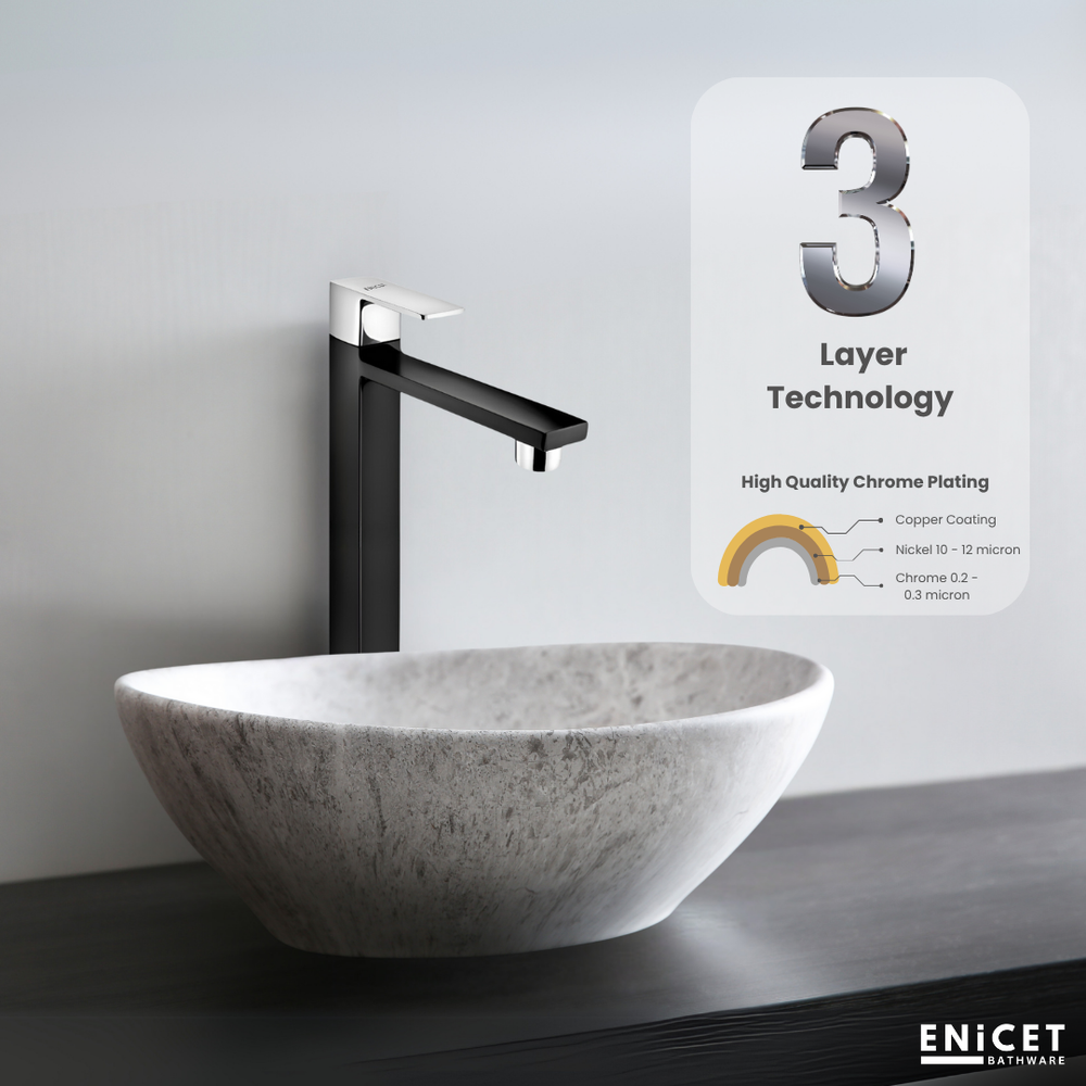 ENICET BLACK High Neck Pillar Cock, Matte Black and silver Body, 12 inch Tall Extended Body, Foam Flow, Wash Basin Pillar Tap, Sink Tap for Kitchen and Bathroom - Enicet Bathware