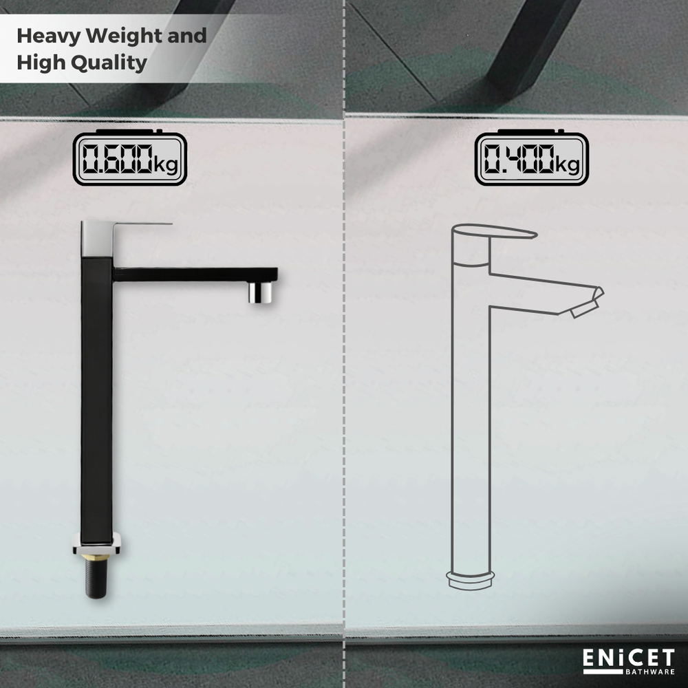 ENICET BLACK High Neck Pillar Cock, Matte Black and silver Body, 12 inch Tall Extended Body, Foam Flow, Wash Basin Pillar Tap, Sink Tap for Kitchen and Bathroom - Enicet Bathware