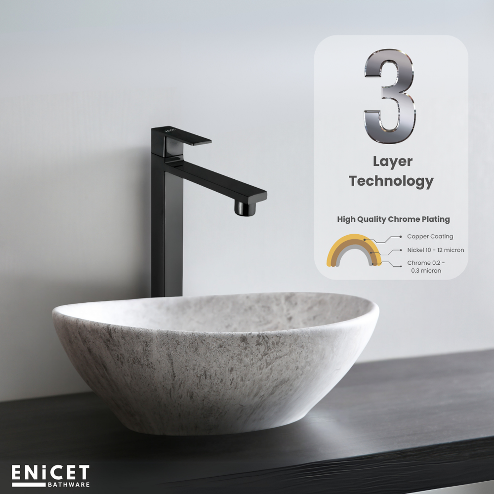 ENICET Black High Neck Pillar Cock, Matte Black Finish, 12 Inch Tall Extended Body, Foam Flow Tap for Kitchen and Bathroom - Enicet Bathware