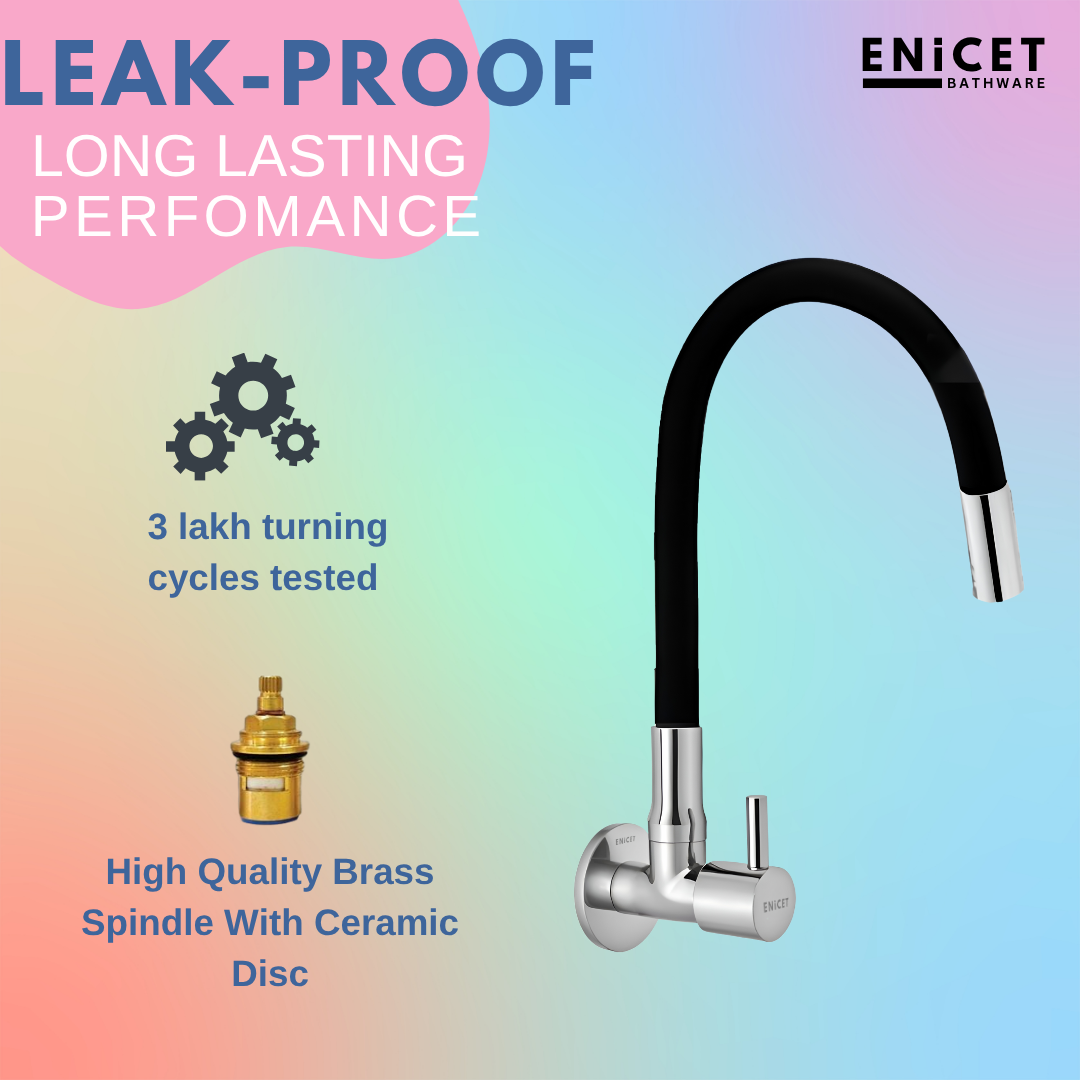 ENICET Brass Sink Tap for Kitchen, Flexible Swivel Spout Black, Wall Mount, Chrome Finish (1 Flow Sink Tap)