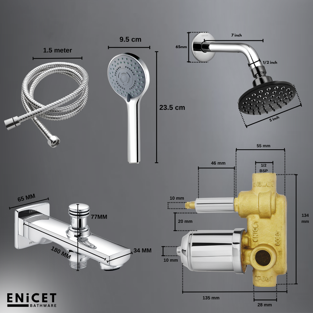 Enicet rust-resistant High Flow Diverter Full Set, With Spout, Overhead Shower & Hand Shower, Chrome Plated, Rain FLow Shower, 3 Flow Hand Shower, Bathroom Shower System, Bathroom Mixer Tap - Enicet Bathware