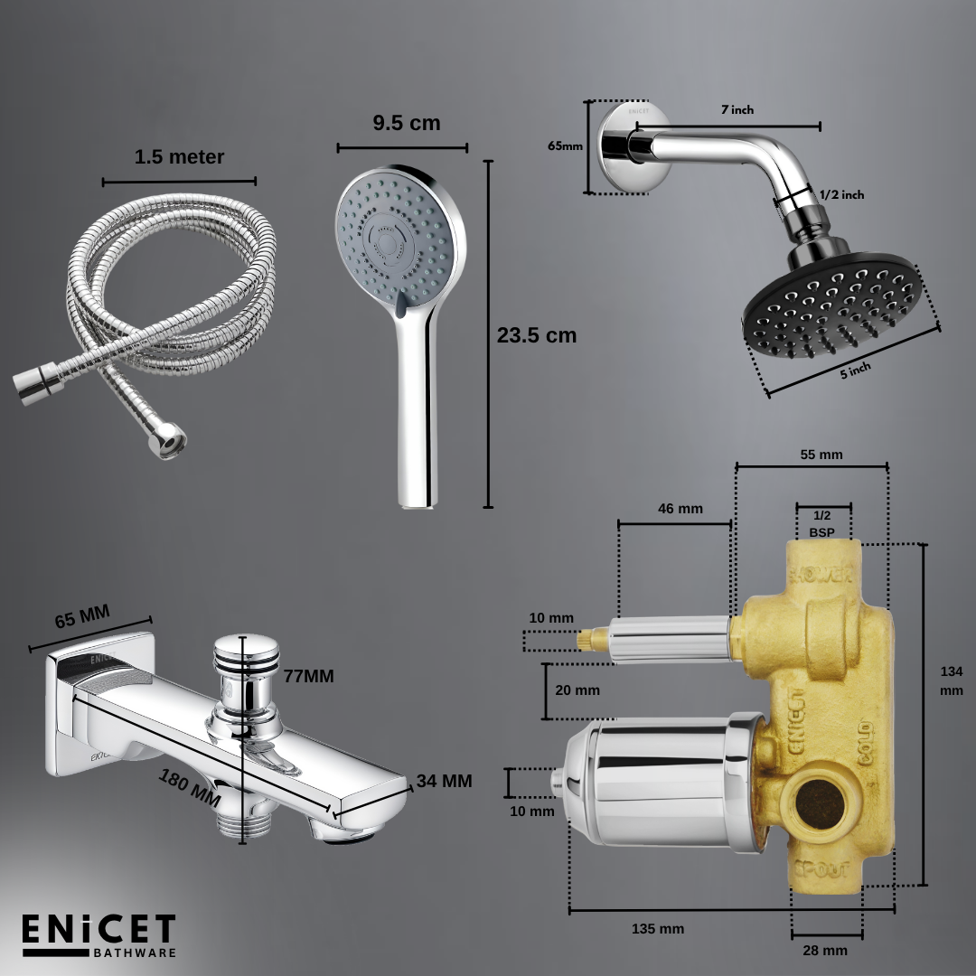 Enicet rust-resistant High Flow Diverter Full Set, With Spout, Overhead Shower & Hand Shower, Chrome Plated, Rain FLow Shower, 3 Flow Hand Shower, Bathroom Shower System, Bathroom Mixer Tap