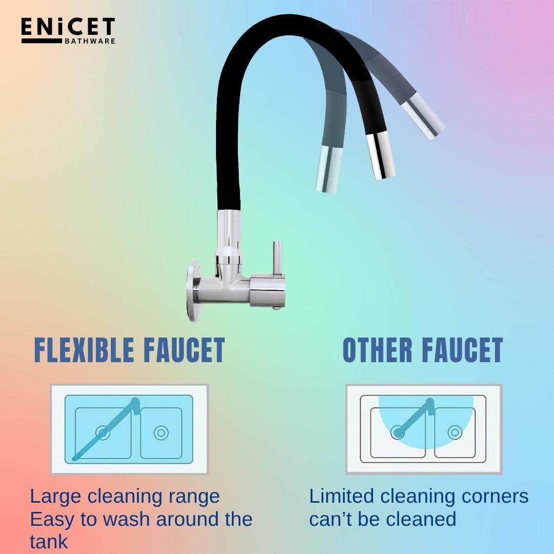 ENICET Brass Sink Tap for Kitchen, Flexible Swivel Spout Black, Wall Mount, Chrome Finish (1 Flow Sink Tap)