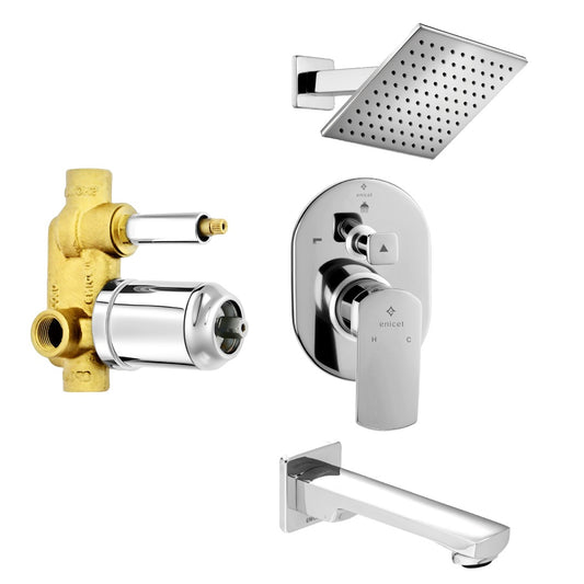 ENICET Brass High Flow Diverter Set With Spout and Shower, Chrome Finish, Concealed Single Lever Diverter Set For Bathroom, Shower Set, Shower System, Mixer Tap for Bathroom, Tap Set