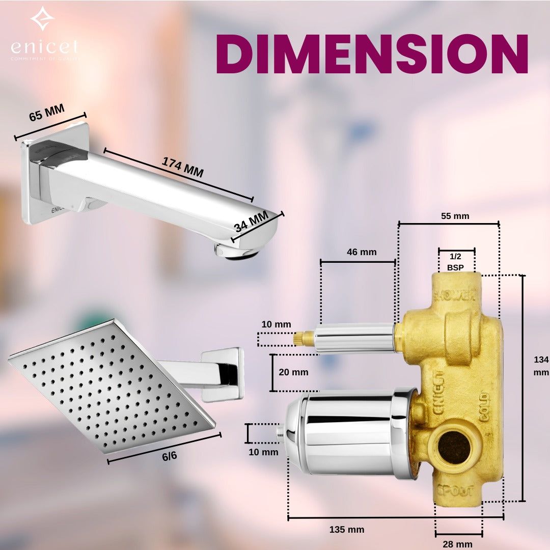 ENICET Brass High Flow Diverter Set With Spout and Shower, Chrome Finish, Concealed Single Lever Diverter Set For Bathroom, Shower Set, Shower System, Mixer Tap for Bathroom, Tap Set