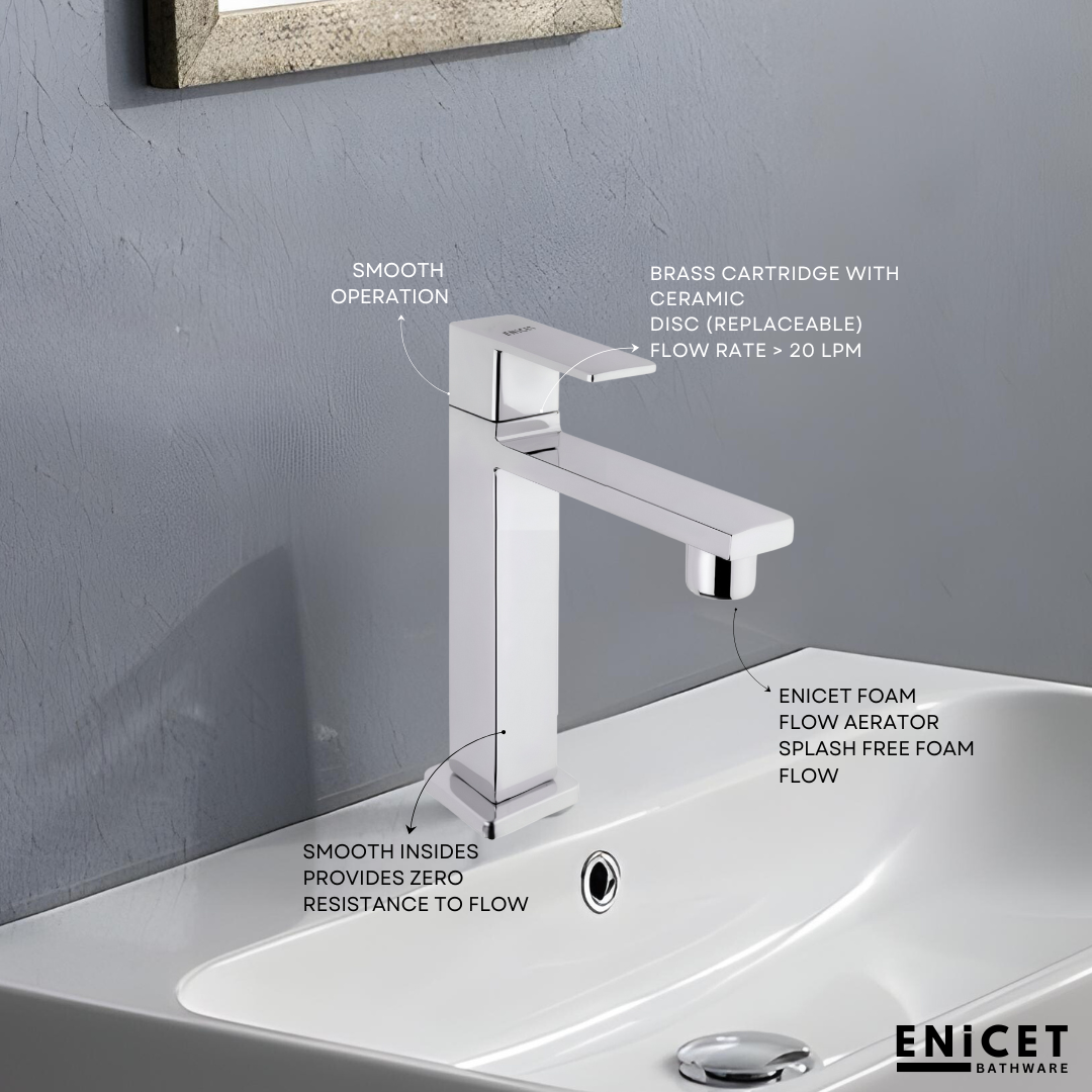 ENICET Pillar Cock for Bathroom Basin, Stainless Steel-304, 7 Years Warranty, Chrome Finish, Bathroom Table Top Wash Basin Tap, Deck Mount Pillar Tap