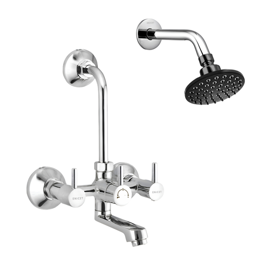 ENICET Brass Wall Mixer With Overhead Shower, 190mm Long Bend Pipe, Chrome Finish, Shower Set, Wall Mixer for Bathroom, Water Mixer Tap for Bathroom Full Set