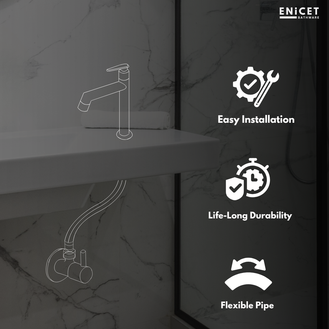 ENICET Basin Tap Set for Bathroom, with Angle Cock & Connection Pipe, Stainless Steel 304, Brass Angle Valve, Chrome Finish, Table Top Basin Tap, Pillar Cock for Bathroom (BGA103SET)