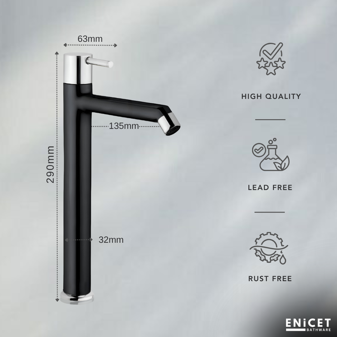 Brass Pillar Cock, Matte Black Body, 12 Inch Tall Extended Body, 7 Years Warranty, Wash Basin tap for Bathroom, Kitchen Sink Pillar Tap