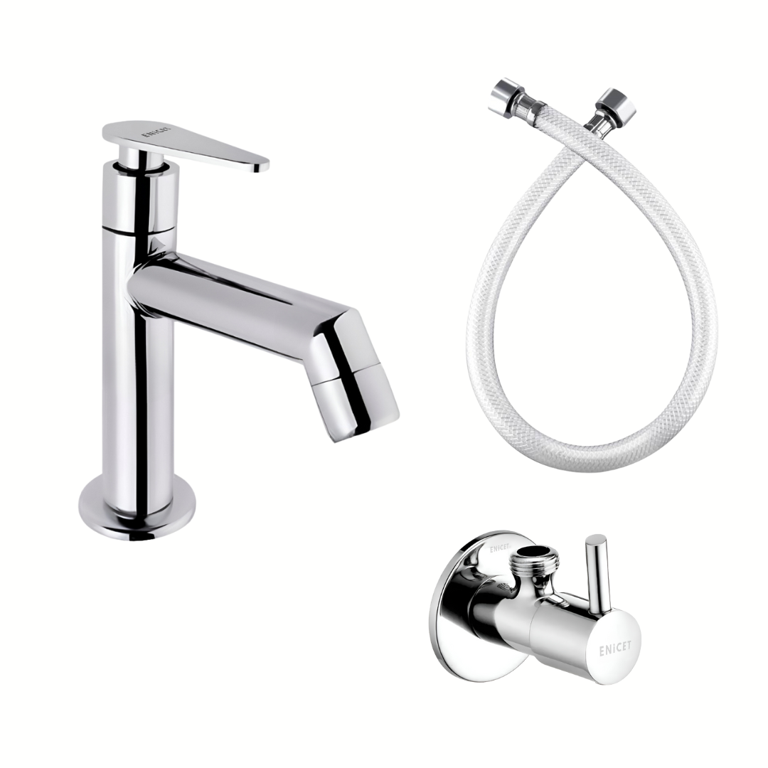 ENICET Basin Tap Set for Bathroom, with Angle Cock & Connection Pipe, Stainless Steel 304, Brass Angle Valve, Chrome Finish, Table Top Basin Tap, Pillar Cock for Bathroom (BGA103SET)