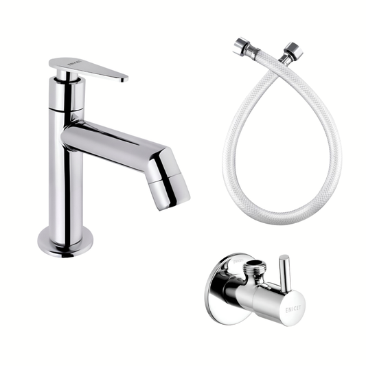 ENICET Basin Tap Set for Bathroom, with Angle Cock & Connection Pipe, Stainless Steel 304, Brass Angle Valve, Chrome Finish, Table Top Basin Tap, Pillar Cock for Bathroom (BGA103SET)